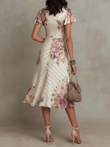 Alba | Elegant Retro Floral Satin Midi Dress