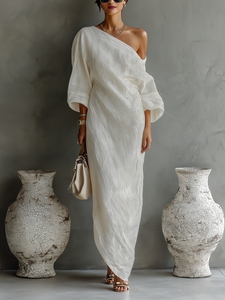 Libby | Elegant Flowing Dress in Ivory White with Off-Shoulder