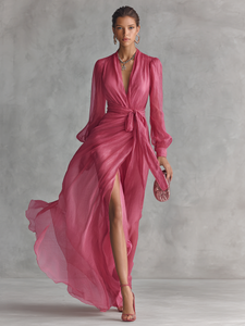 Millie | Elegant long pink chiffon dress with pearls and V-neck for women