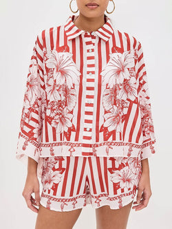 Unique Floral Print Wide Sleeve Shirt and Elastic Waist Pocketed Shorts Set