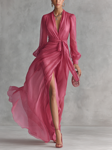 Millie | Elegant long pink chiffon dress with pearls and V-neck for women