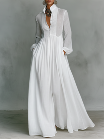 Elisa | Maxi Minimalist Dress with Patchwork, High Collar and Long Sleeves