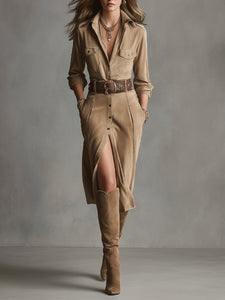 Zoe | Brown Fashion Suede Midi Dress