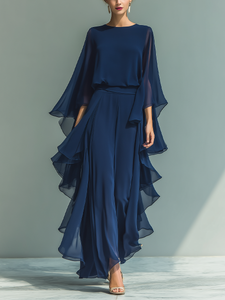 Lauren | Navy Blue Chiffon Top Set with Flared Sleeves and Straight Leg Pants