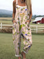 Fern - Women's Lovely Floral Bees Art Print Casual Cotton Wide Leg Jumpsuit