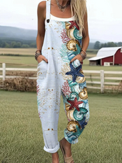 Ginny - Women's Starfish Underwater World Irregular Pattern Print Casual Cotton Wide Leg Jumpsuit