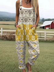 Clovis - Women's Retro Geometric Elegant Floral Print Casual Wide Leg Jumpsuit