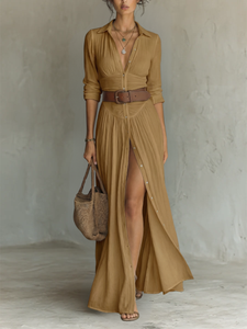 Larisa | Long Maxi Dress With Notched Collar and Long Sleeves