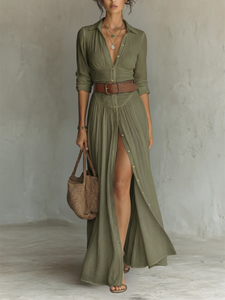 Larisa | Long Maxi Dress With Notched Collar and Long Sleeves