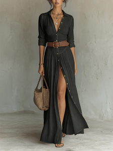 Larisa | Long Maxi Dress With Notched Collar and Long Sleeves