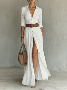 Larisa | Long Maxi Dress With Notched Collar and Long Sleeves