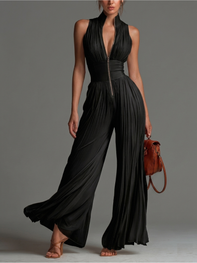 Lana | Pleated Black Chiffon Jumpsuit