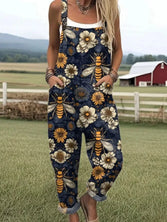 Beth - Women's artistic bee and floral print jumpsuit