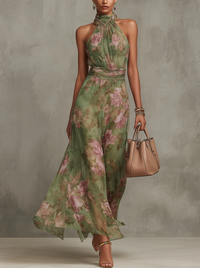 Serena | Green Floral Chiffon Maxi Dress with Halter Neckline
