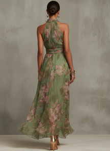 Serena | Green Floral Chiffon Maxi Dress with Halter Neckline