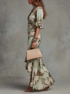 Anastasia | Asymmetrical Long Green Satin Dress