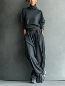 Candice | Charcoal Knit Set with High Neck and Wide Leg Pants