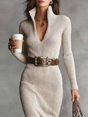 Isabella |  Elegant Ribbed Knit Turtleneck Midi Sweater Dress