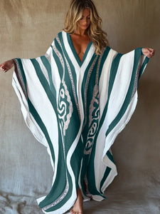 Butterfly -  Brushstroke Symphony Art Red-White Linen V-Neck Robe
