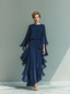 Lauren | Navy Blue Chiffon Top Set with Flared Sleeves and Straight Leg Pants