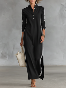Amy | Maxi Sweatshirt Dress with Button-Down Collar and White Trim