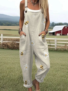 Bea - Women's lovely bees floral art print jumpsuit
