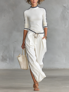 Maya | Two-Piece Set: Long Sleeve Sporty T-Shirt with High Neck and Loose Pants with Drawstring