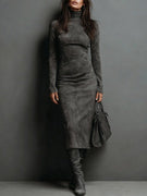 Ilaria | Midi Dress in Suede with High Collar and Long Sleeves