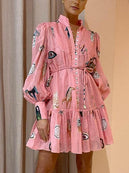 Unique Art Print Puff Sleeve Single Breasted Mini Dress
