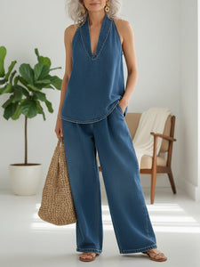 Rita | Vintage Washed Soft Denim-Look Two-Piece Set
