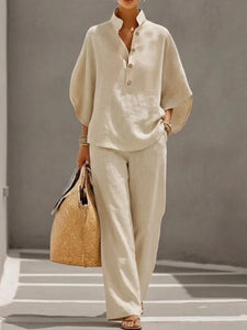 Maribel | Linen set with batwing sleeves and wide-leg trousers